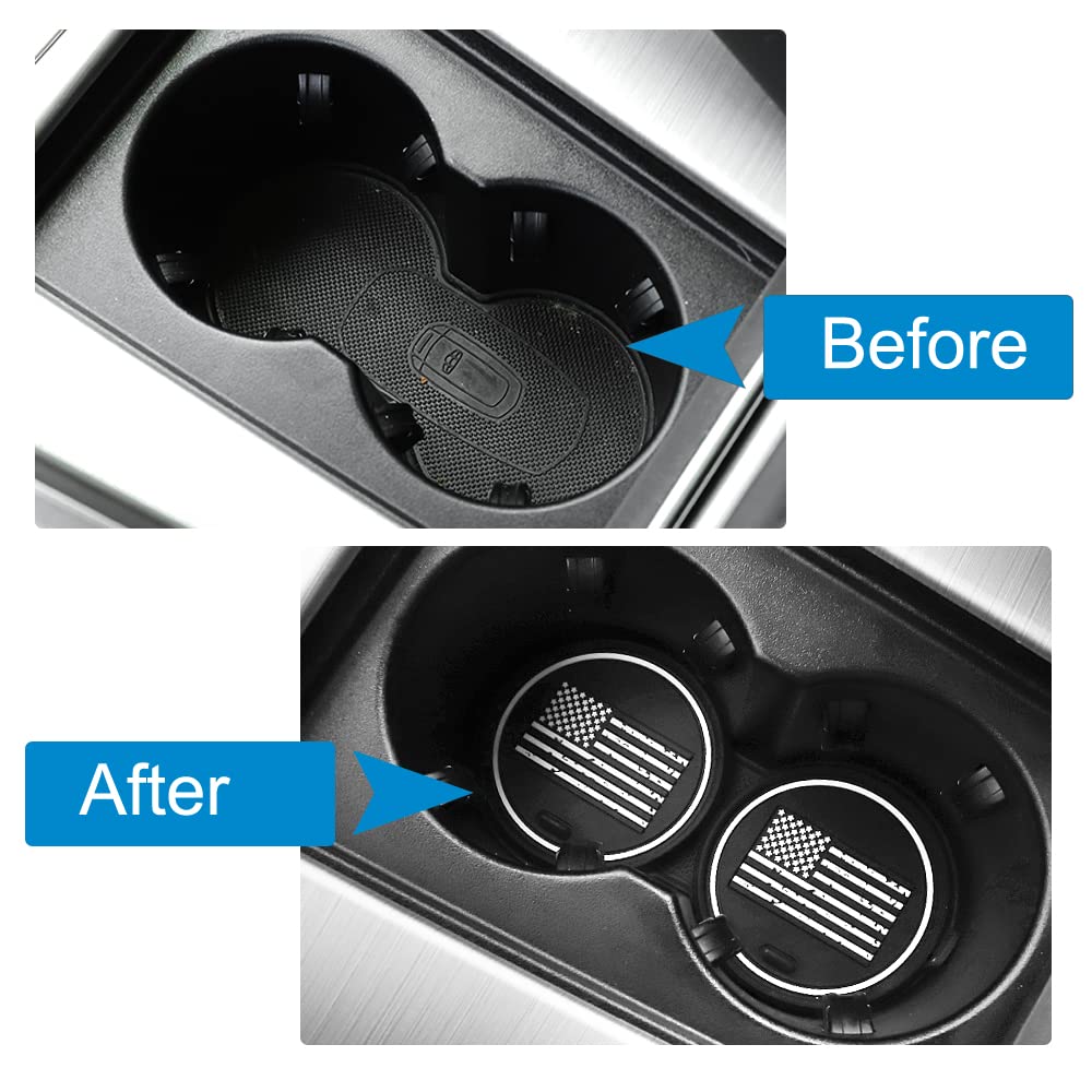 2 Pack Car Cup Holder Coasters, 2.75 Inch American Flag Soft Rubber Pad Set Round Auto Cup Holder Insert Drink Coaster Car Inter