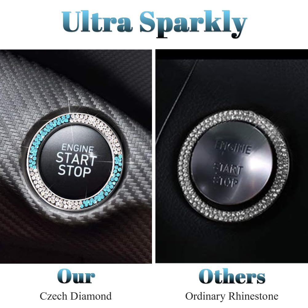 Tobequeen Teal Bling Push Start Button Cover Emblem Sticker, Crystal Diamond Rhinestone Blue Engine Start Ring Car Decor, White