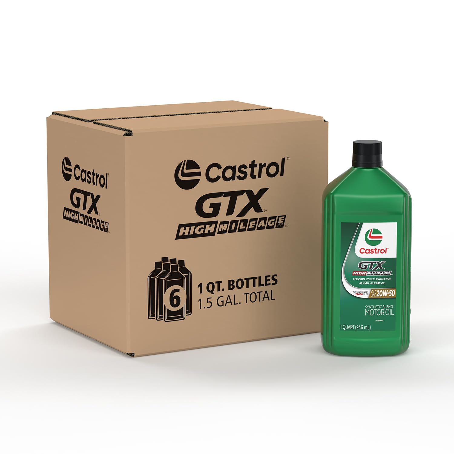 Castrol Gtx High Mileage 20W-50 Synthetic Blend Motor Oil, 1 Quart, Pack Of 6
