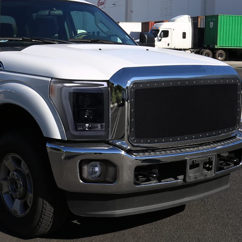 Spec-D Tuning Glossy Black Led Bar Projector Headlights Compatible With 2011-2016 Ford F250 F350 F450 F550 Super Duty Left + Rig