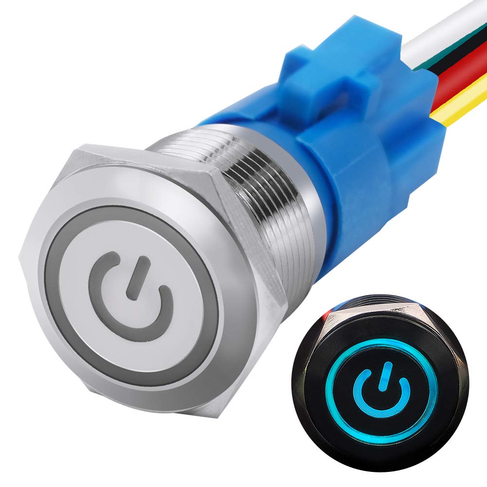 Mxuteuk 19Mm Latching Push Button Switch 1 No 1 Nc Spdt On/Off Silver Stainless Steel Shell With 12V Blue Power Symbol Light Sui