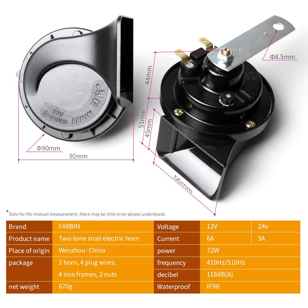 FARBIN Horns 12V Car Horn Loud Dual-Tone Waterproof Electric Snail Horn Kit Universal for Any 12V Vehicles Motorcycle (Black, 12