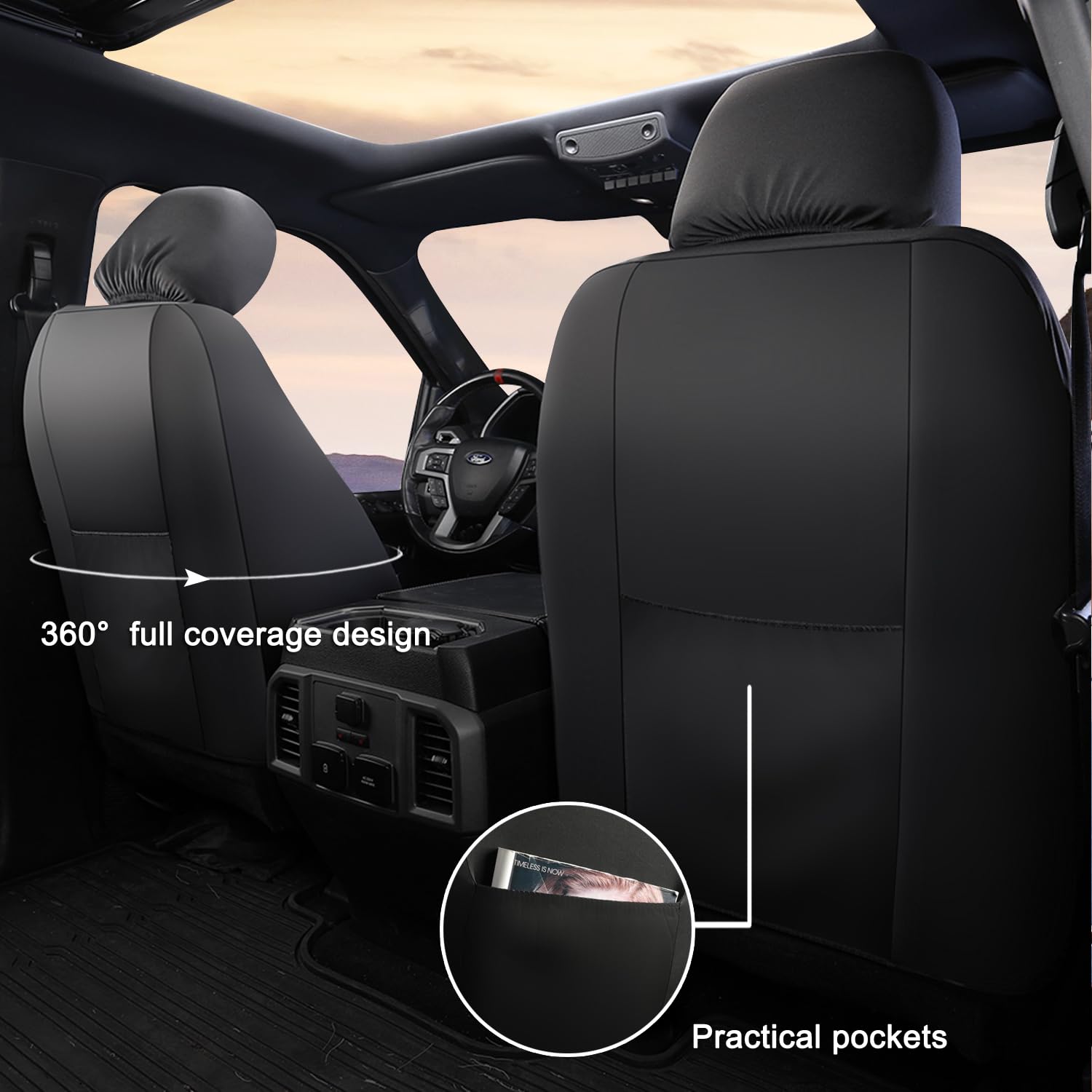 Giant Panda Front Car Seat Cover For Ford F150, Leather Bucket Seat Covers Custom Fit Ford F250 F350 (Red+Black) 2-Pack