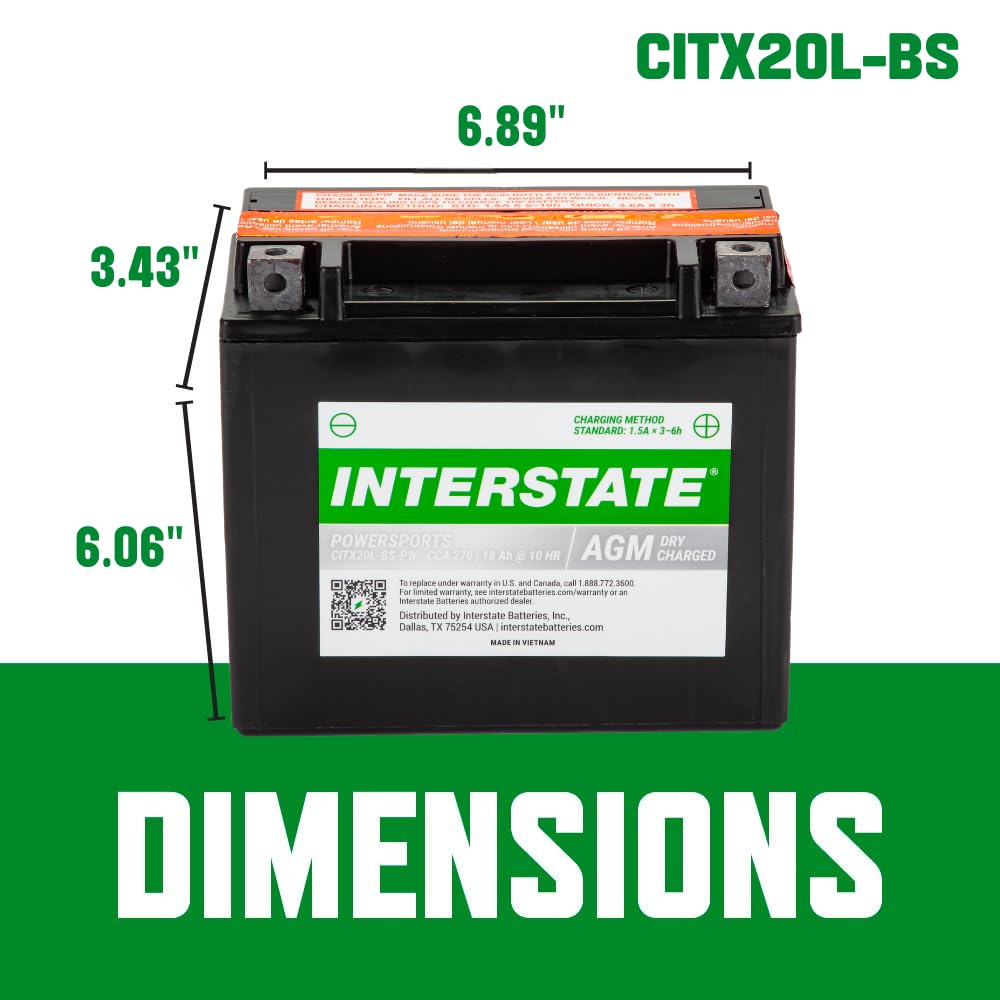 Interstate Batteries Ytx20Hl-Bs 12V 18Ah Powersports Battery 270Cca High-Performance Agm Rechargeable Replacement For Motorcycle