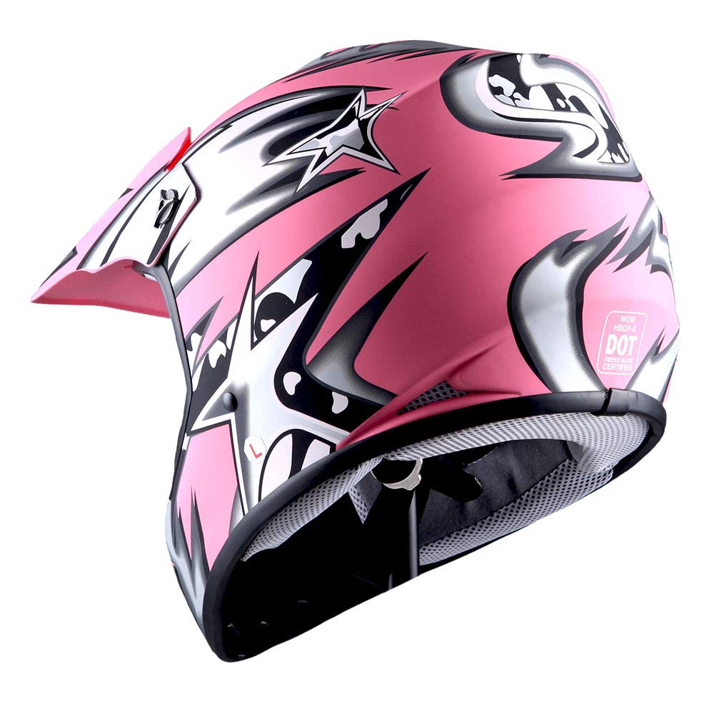 1Storm Youth Motocross Helmet Bmx Mx Atv Dirt Bike Helmet Matt Star Pink + Goggles + Mg Youth Pink Glove Bundle