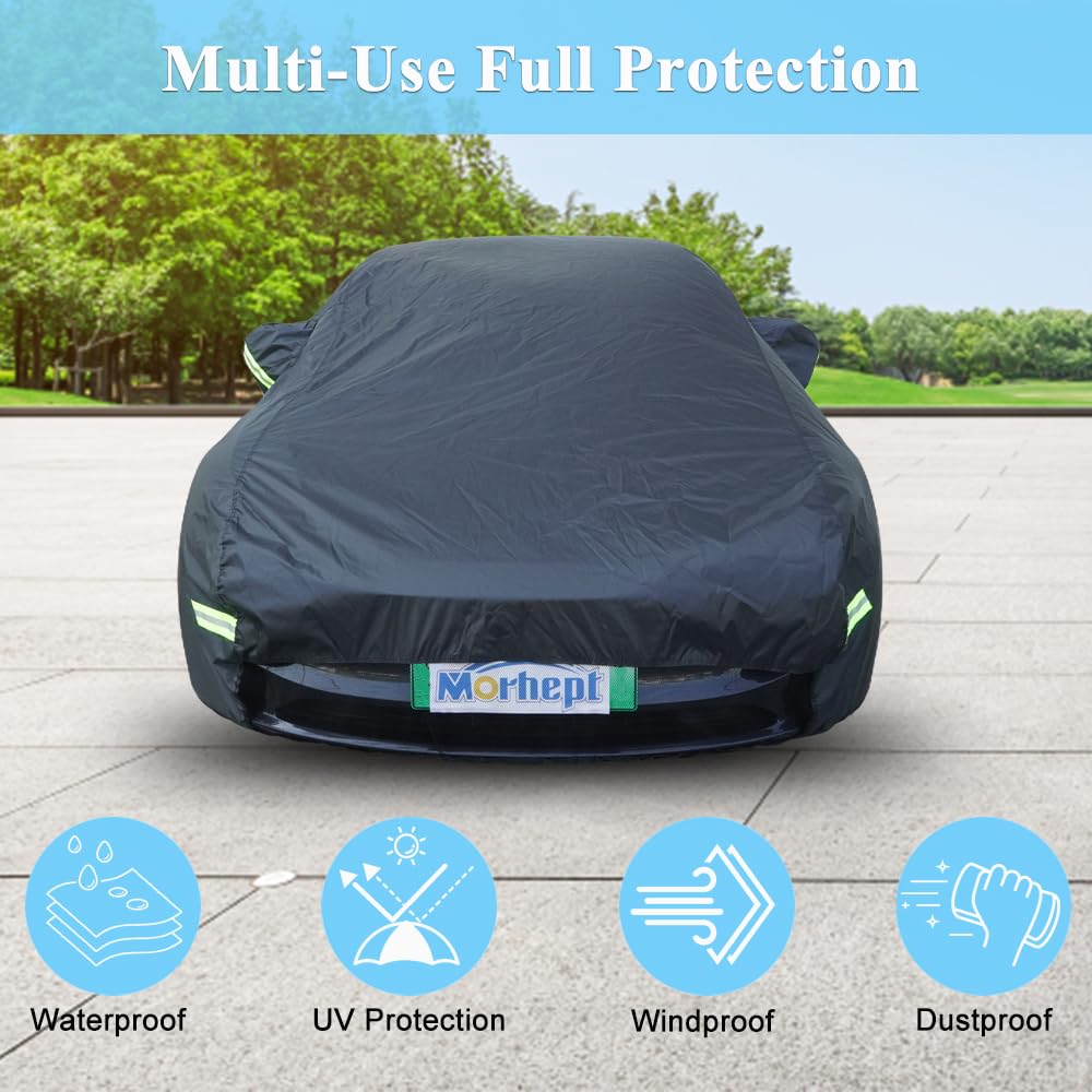 Morhept Car Cover For Tesla Model 3, Custom Fit Waterproof All Weather Full Exterior Cover Rain Snow Uv Protection With Door Zip