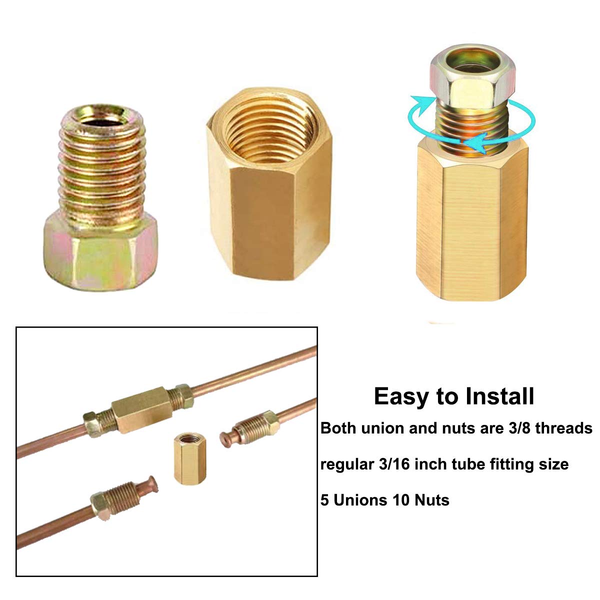 Muhize 3/16 Brake Line Fittings - Premium 18 Pcs 3/8' 24 Threads Brake Fittings Assortment For 3/16' Tube (6 Unions, 12 Nuts)