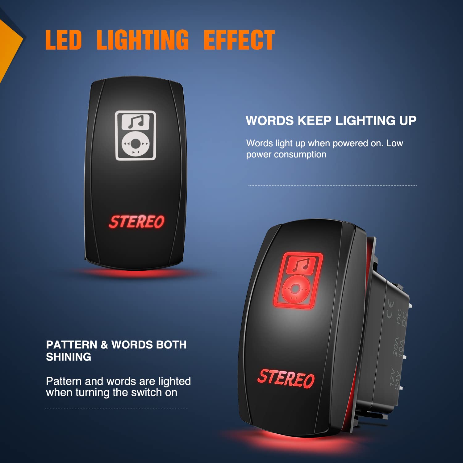 Nilight Stereo Rocker Switch Led Light Bar 5Pin Laser On Off SPST switches Red 20A/12V 10A/24V with Jumper Wires Set for Cars Tr