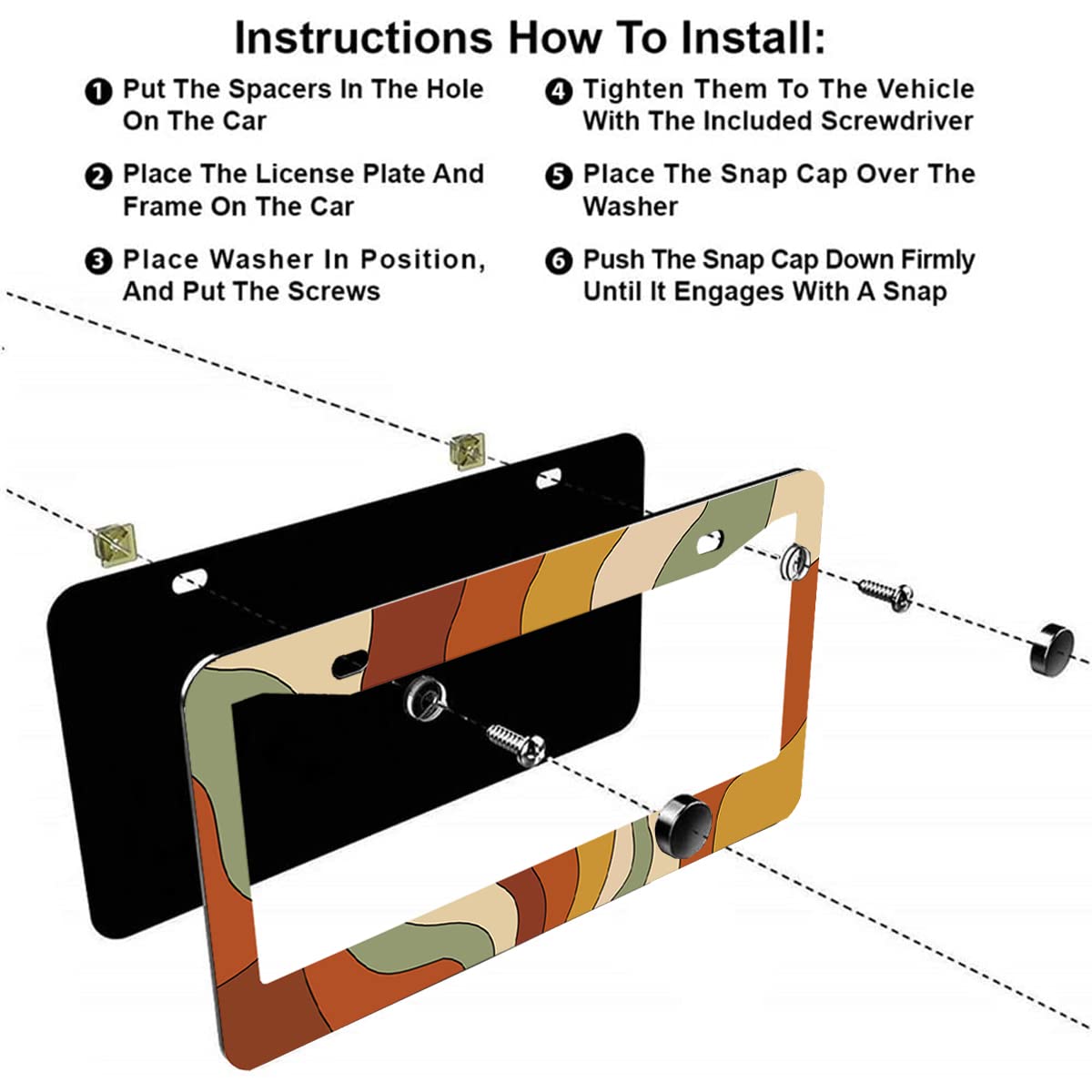 2-Pack Stainless Steel Sun Rays Bending License Plate Frames With Screw Caps And Screwdriver Set - 2-Hole Installation