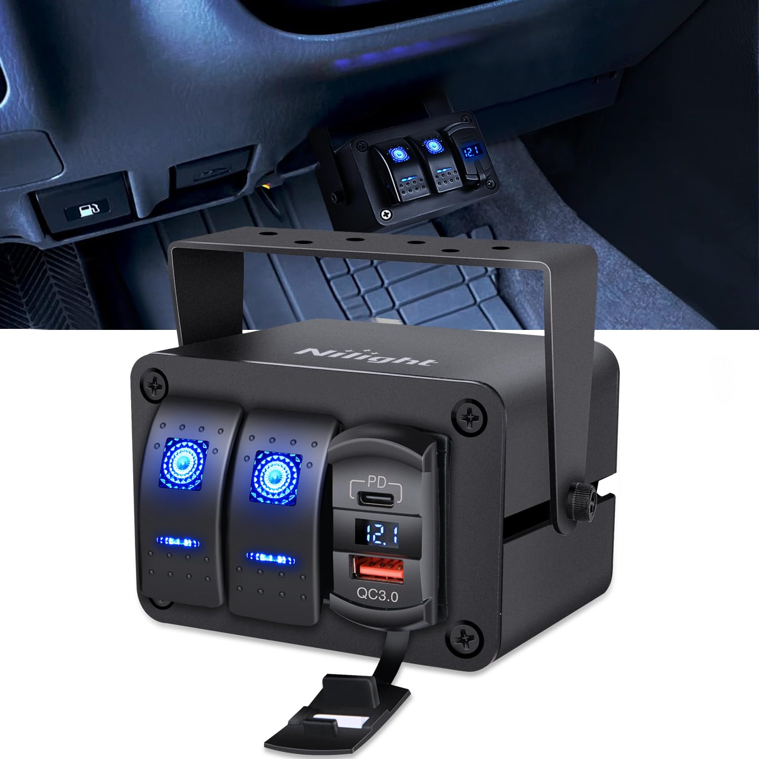 Nilight 2 Gang Rocker Switch Box 12V Spst On Off Pd Type C And Qc 3.0 Usb Charger Voltmeter Waterproof Aluminum Panel Diy Sticke