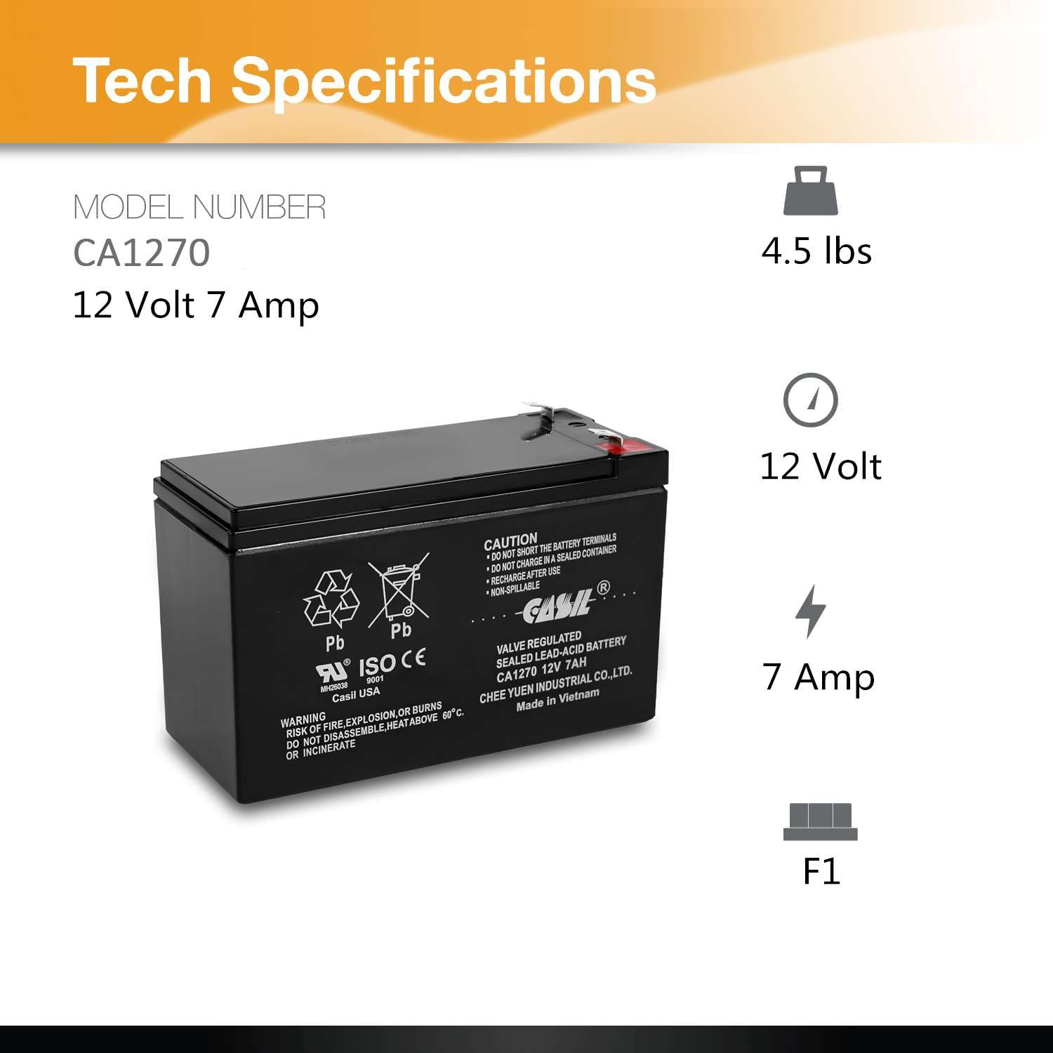 Casil Ca1270 12V 7Ah Battery For Alarm System - First Alert Adt Battery Replacement, High Capacity Lead Acid Alarm Battery, Idea