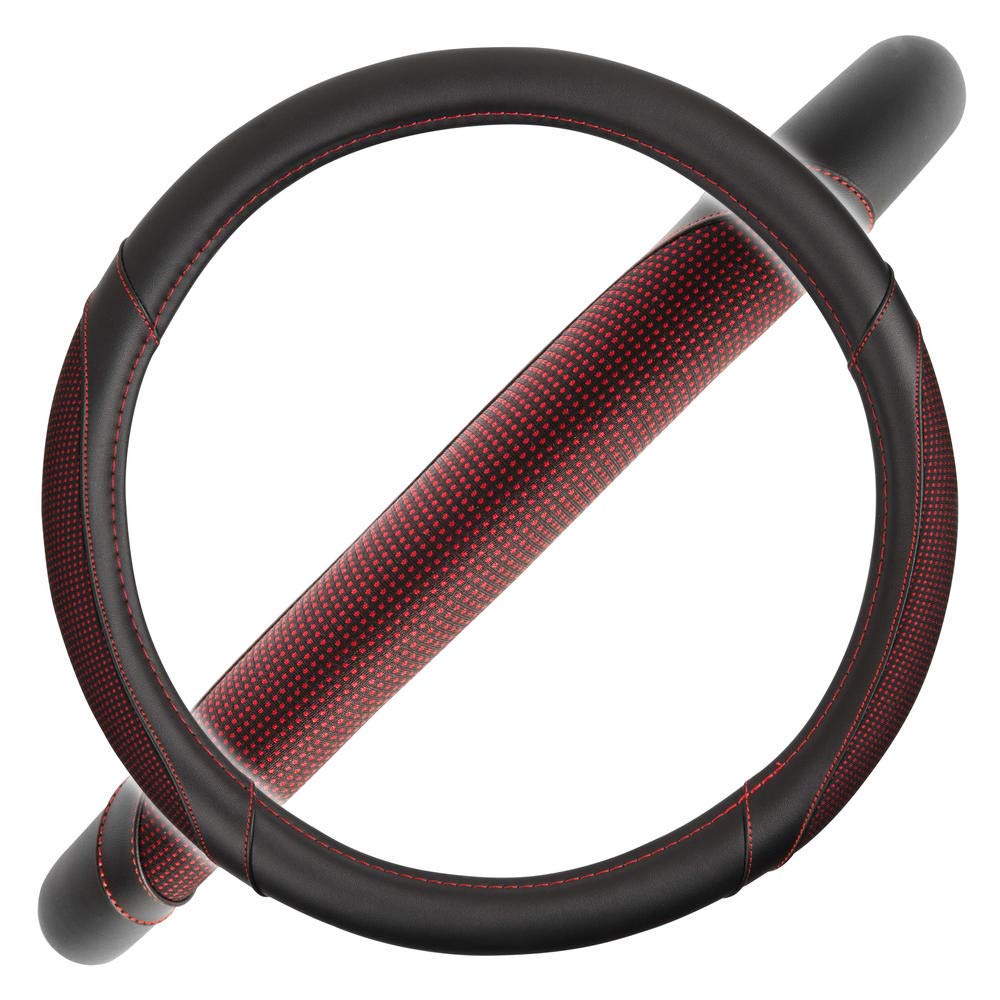 Motor Trend Wine Steering Wheel Cover - Dotted Comfort Polyester Grip On Stitched Synthetic Leather, Wine Stitching/Black