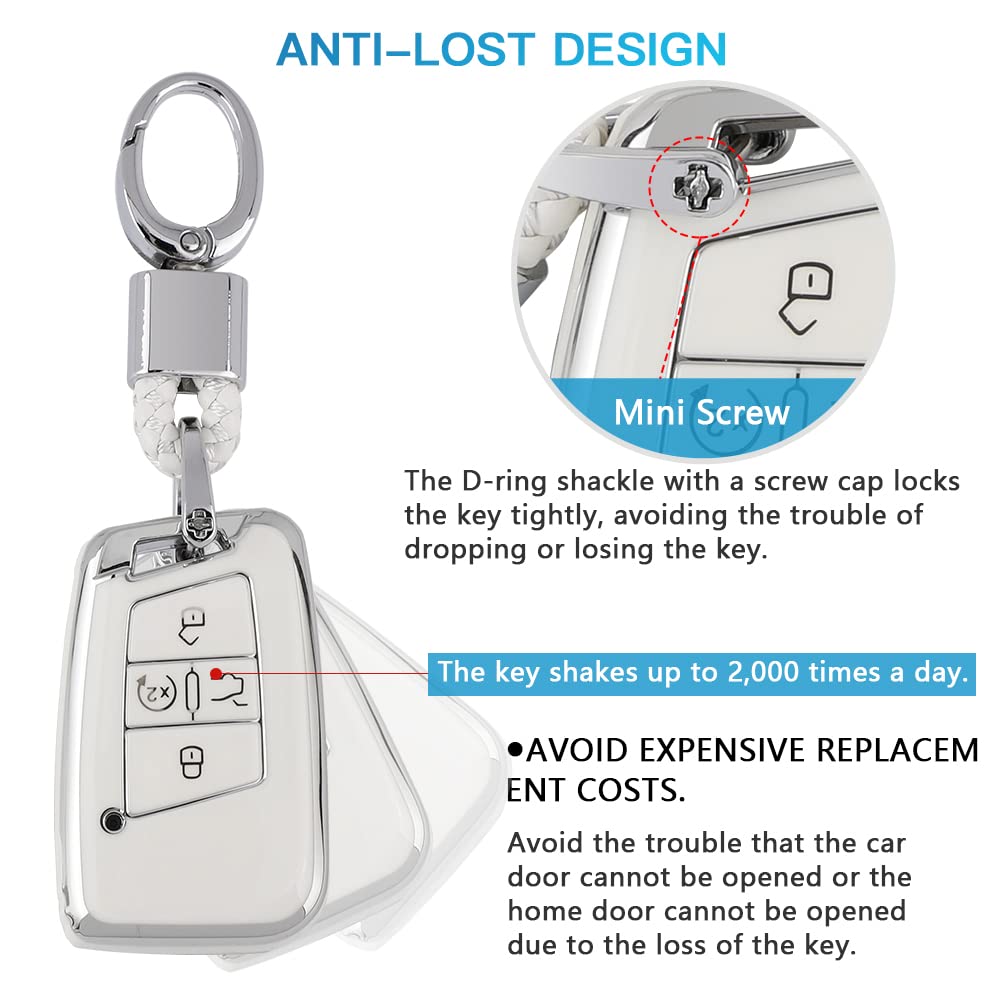 1797 For Volkswagen Vw Key Fob Cover Jetta Tiguan Arteon Atlas Taos Accessories Car Key Chain Case Shell Protector Women Men 4 Button White Silver Tpu