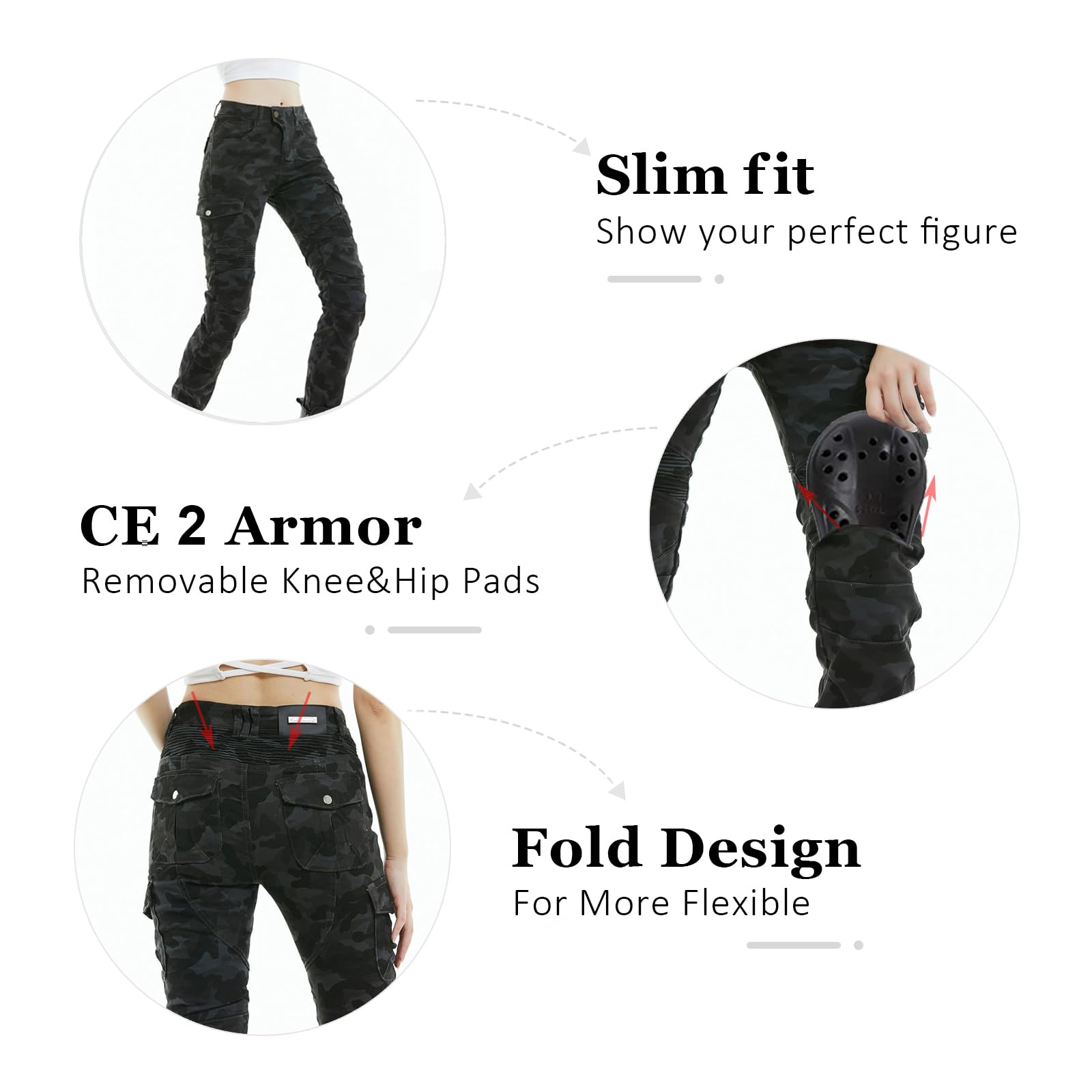 LOMENG Motorcycle Riding Pants Motorcycle Jeans Slim Fit with CE Knee Hip Removable Protectors Armor for Women Blue Camouflage X