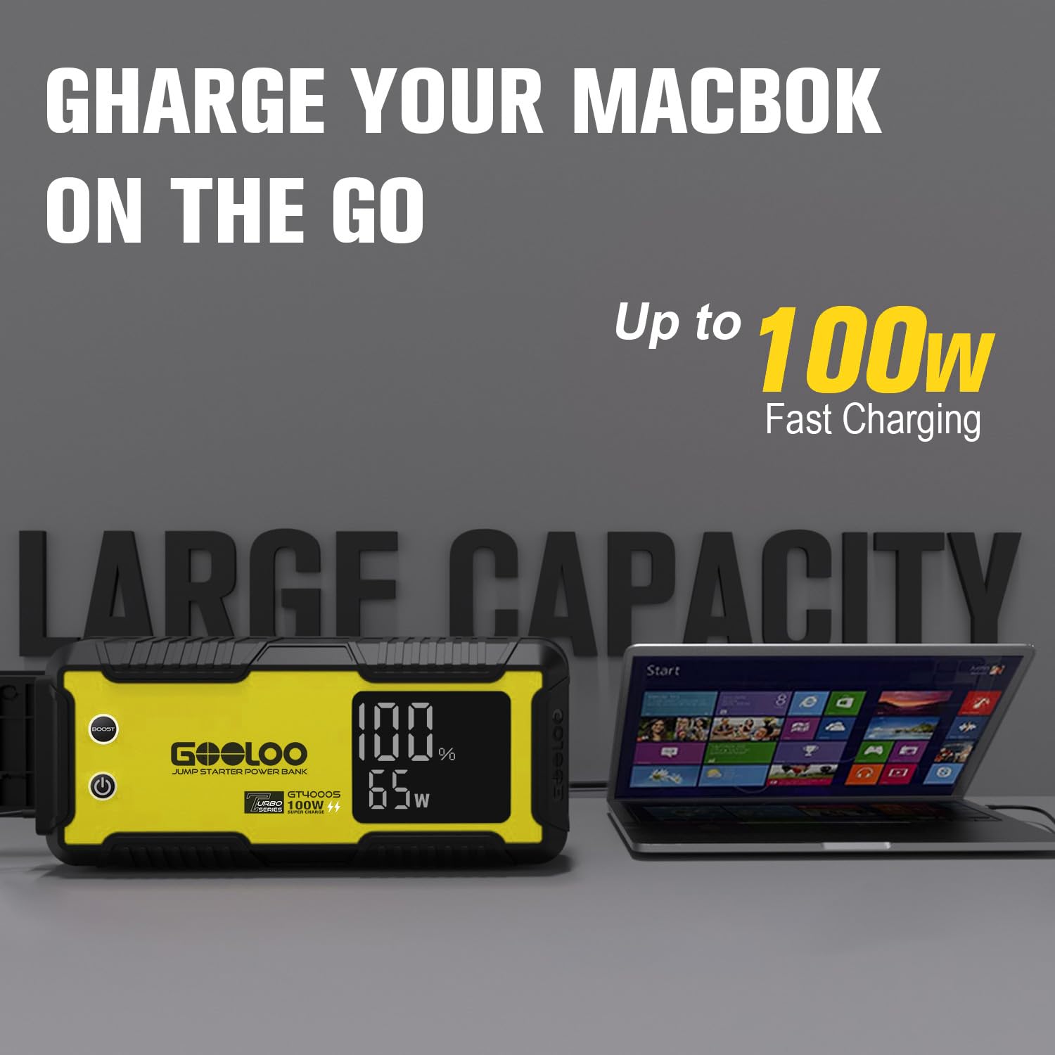Gooloo Gt4000S Jump Starter 4000A Car Jumper Starter (Up To 10L Diesel 12L Gas Engines), 100W Fast-Charging Lithium Jump Box, Supersafe Portable Car Battery Charger Power Bank For 12V Vehicles, Yellow
