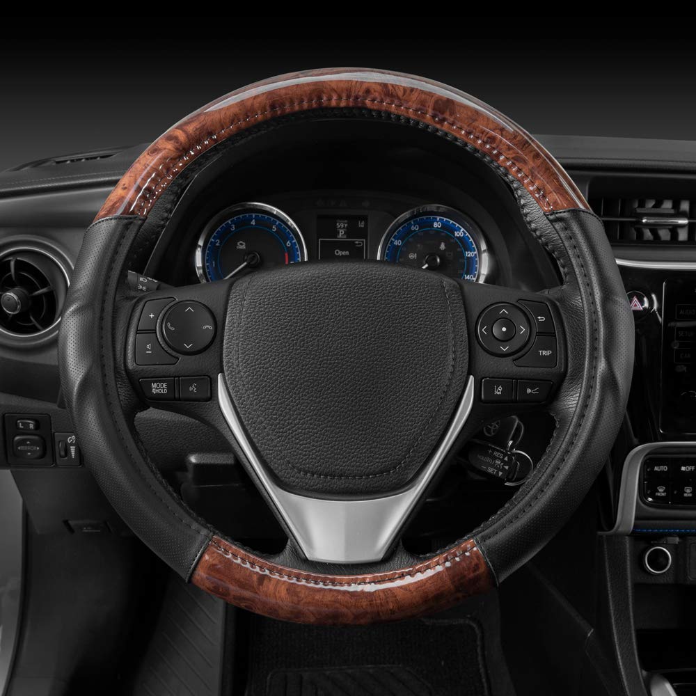 Bdk Dark Wood Grain Steering Wheel Cover With Black Faux Leather Comfort Grip, Standard 15 Inch Size, Car Steering Wheel Cover F