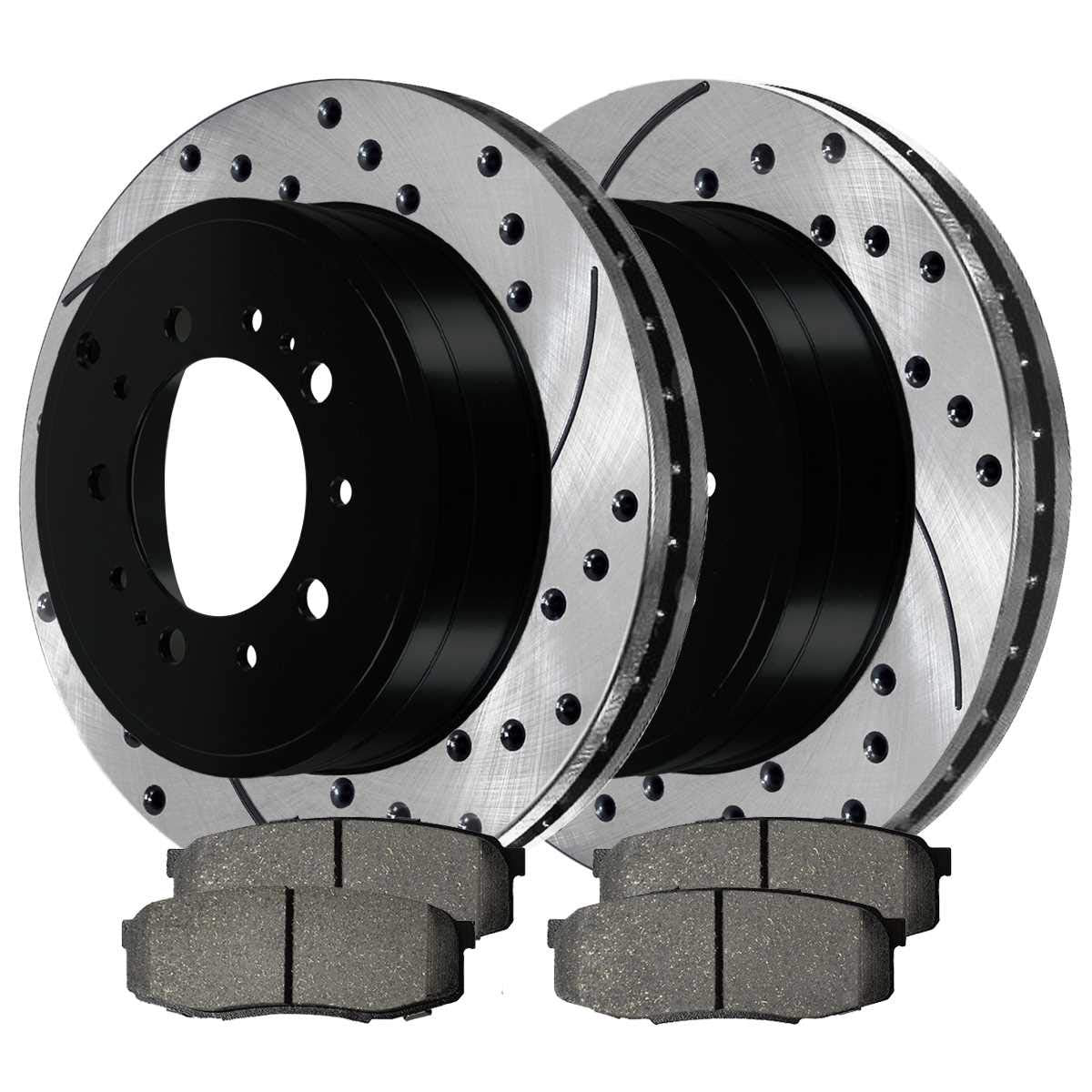 Autoshack Rear Drilled And Slotted Brake Kit Rotors Black And Ceramic Pads Pair Of 2 Driver And Passenger Side Replacement For Lexus Lx570 2007-2017 Toyota Tundra 2008-2017 Sequoia Scdpr41485414851304