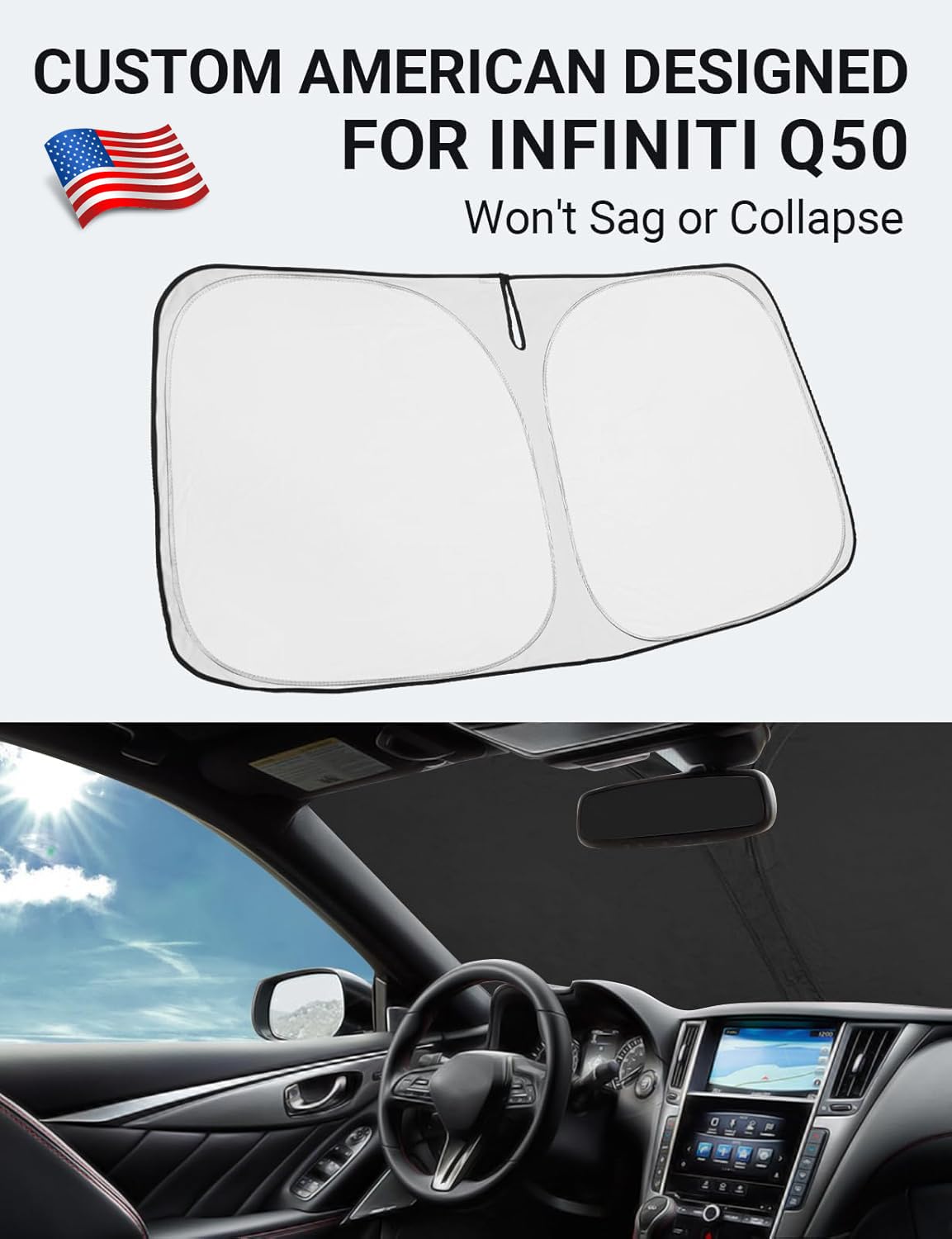 Proadsy 2025 Upgrade Windshield Sun Shade Custom Fit Infiniti Q50 2014-2025 4-Layer Foldable Front Sunshade Protector Sun Visor