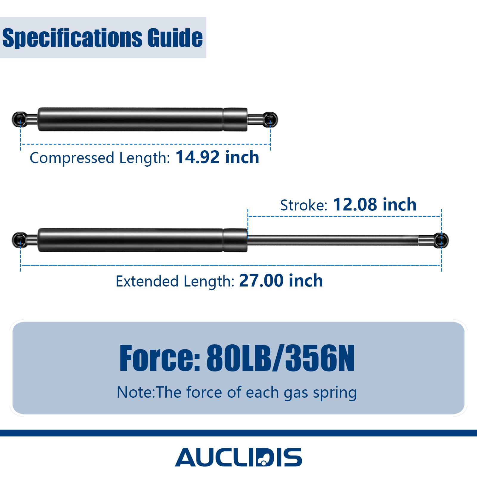 ST270M80 27 Inch 80Lb 356N Gas Struts Spring Shocks Lift Supports for Tonneau Cover Shell Pickup Bed Truck Undercover Top Topper