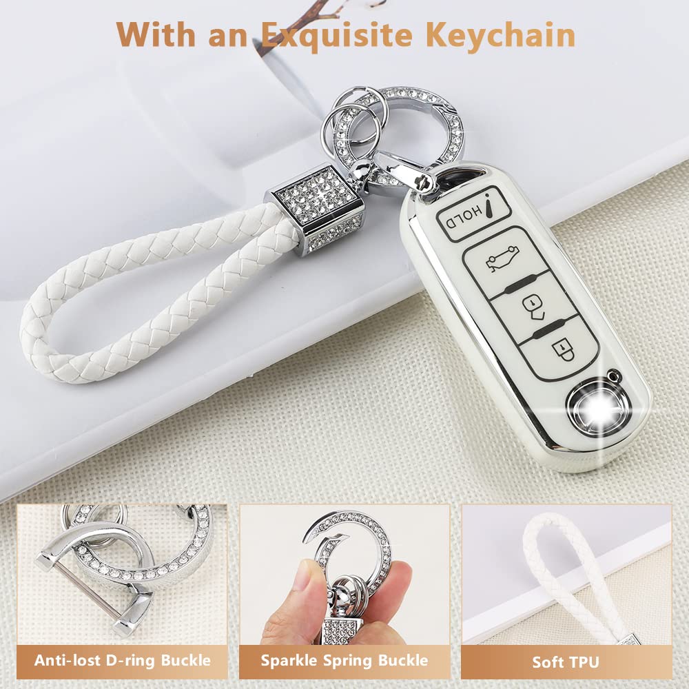 Pifoog Key Fob Cover For Mazda Tpu Soft Car Smart Keys Case Shell 4 Button Key Full Covers For Mazda 3 6 Cx5 Cx9 Cx3 Mx5 Bling Keychain Accessories Girly Women White Silver