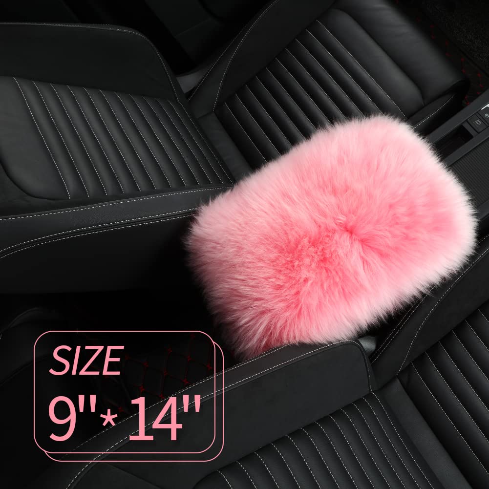 Iriwool Sheepskin Armrest Cover Auto Center Armrest Cover Car Soft Console Pad, Fluffy Wool Auto Center Console Cover For Most Car Arm Rest Decoration Protector 9 X 14 Inch (Long Wool, Pink)