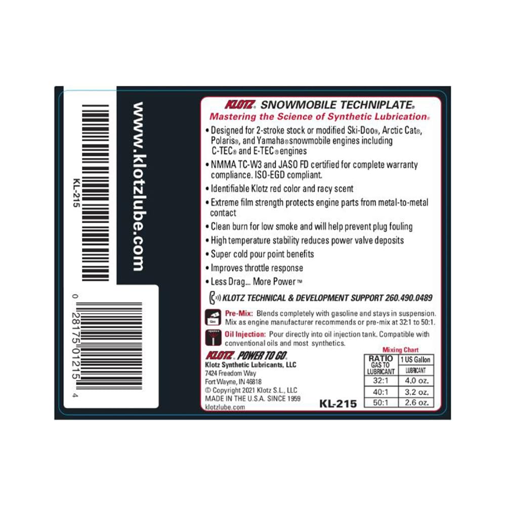 Klotz Oil KL-215 (10) Synthetic Snowmobile Techniplate TC-W3-1qt.