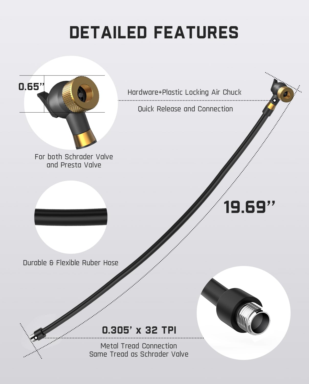 Fanttik Air Pump Hose Adapter, Extension Hose For Schrader And Presta Valve, 19.96'' Locking Tire Chuck Tube, Vg8/8V1 Screw Thre