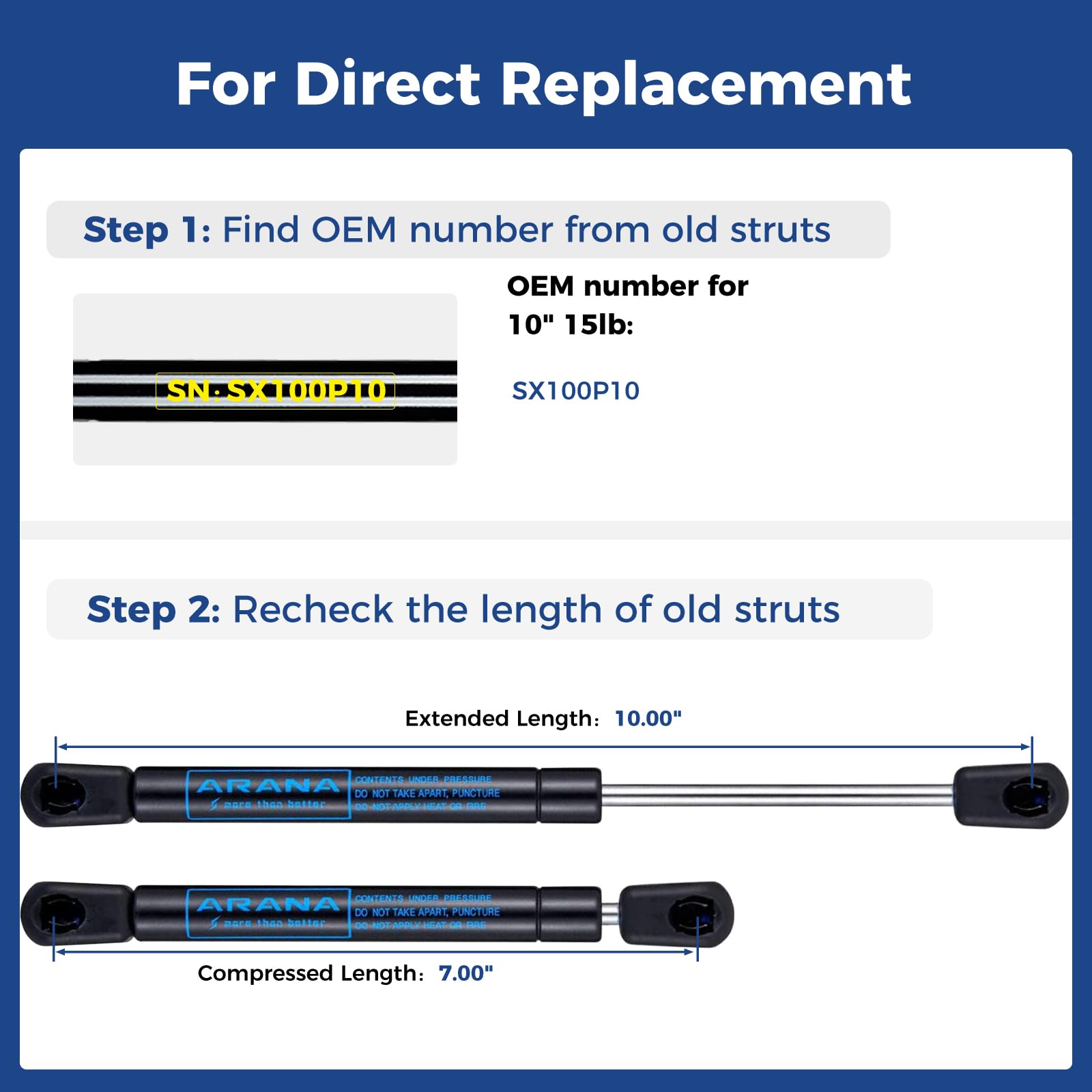 ARANA SX100P10 10 inch 10Lb/45N Gas Struts, 10lb Gas Strut Shock Spring Lift Support Props for Cabinet Door Box Lid Toolbox Lid