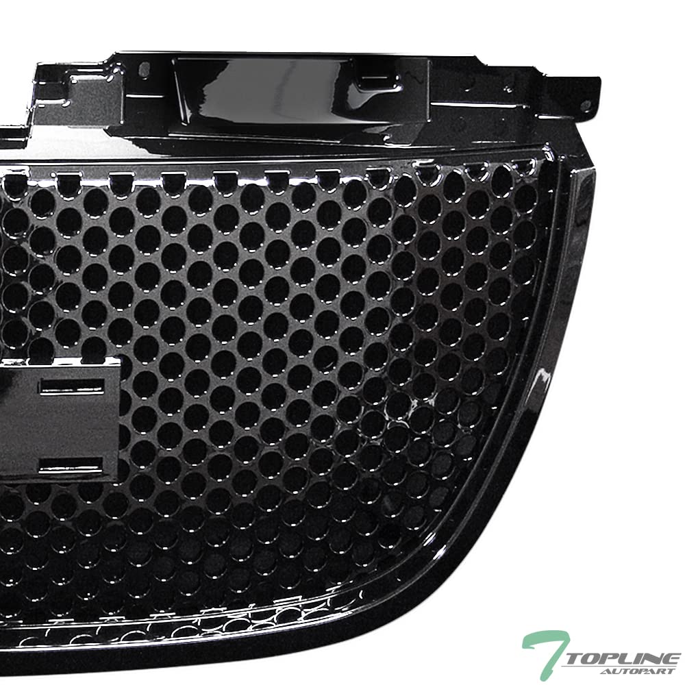 Topline Autopart Glossy Black Round Hole Mesh Grill Set for 07-14 GMC Yukon/XL/Denali - ABS Material, Front & Lower Bumper Grille