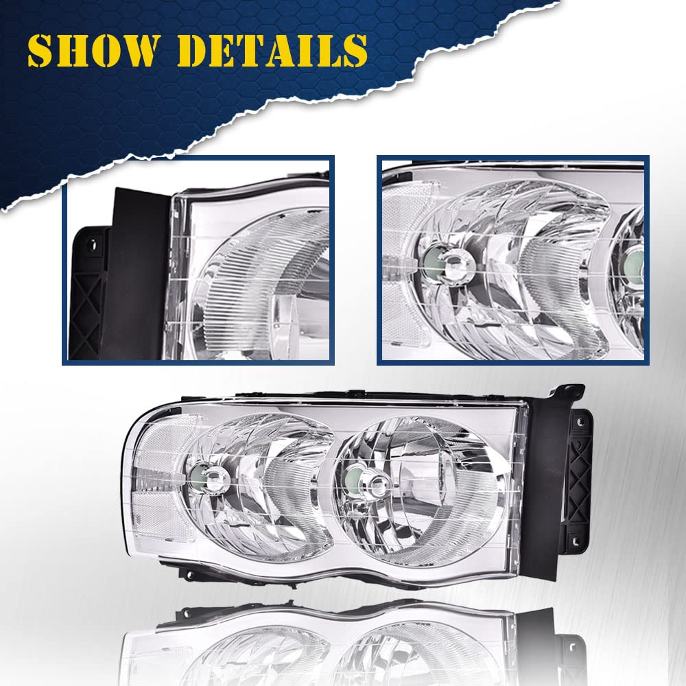 CHEDA Headlights Assembly for 2002-2009 Dodge Ram 1500/2500/3500 - Clear Lens, Chrome Housing, Clear Reflector, High-Performance Lamps