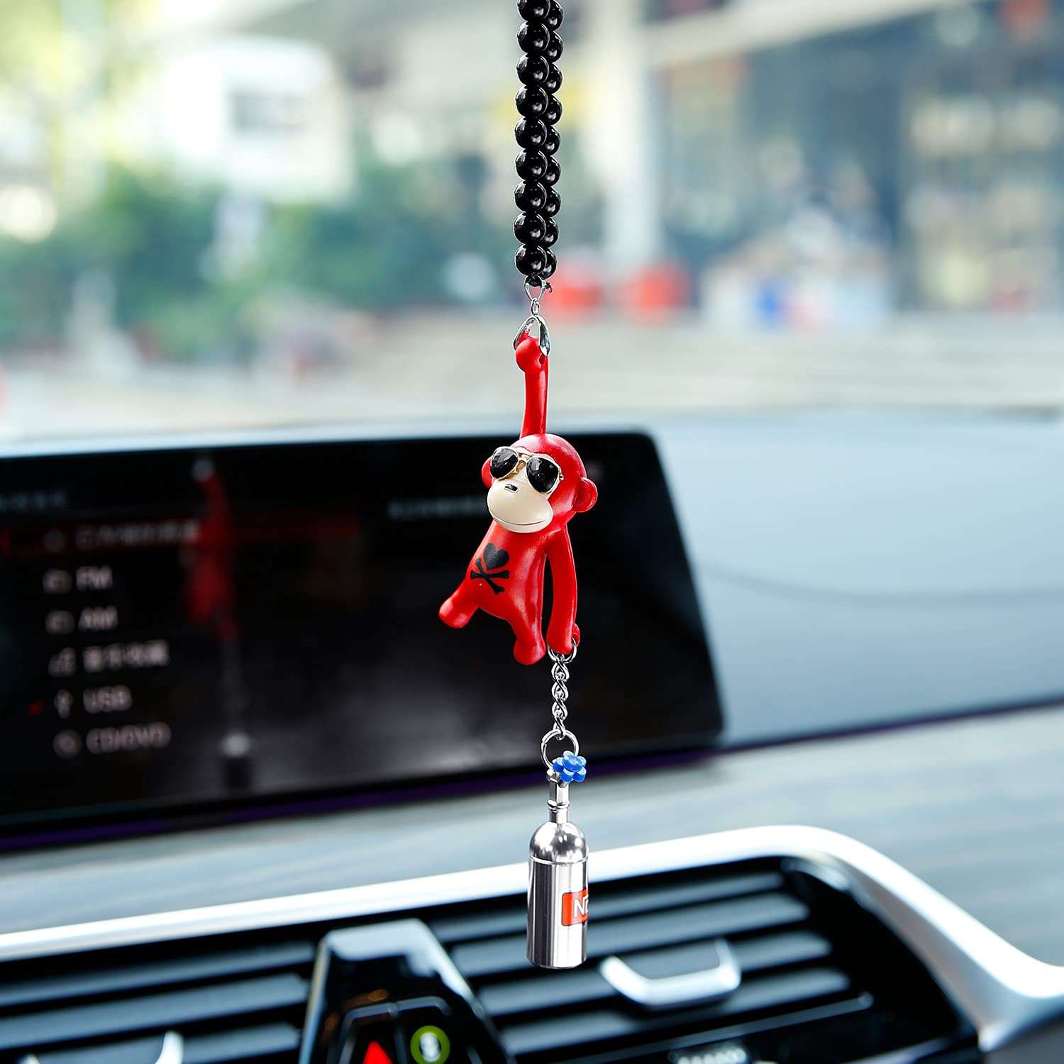 Ygmoner Wearing Sunglasses Monkey Car Interior Rear View Mirror Hanging Ornaments (Red & Nitrogen Bottle)