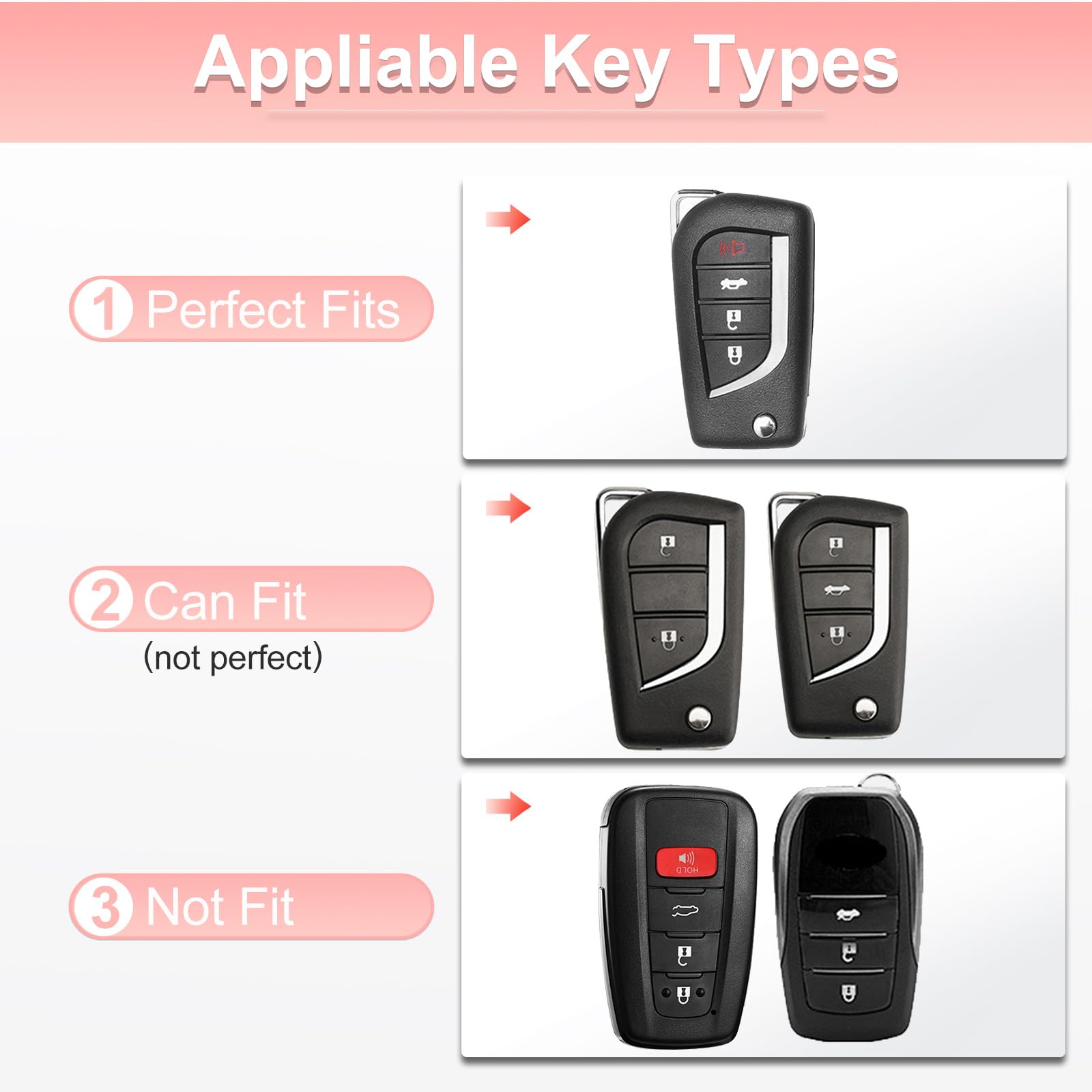 Pangpai Pink Car Accessories 3 Pcs For Toyota Fortuner Tundra Camry Rav4 Highlander Corolla Key Fob Cover With Bling Keychain Cu