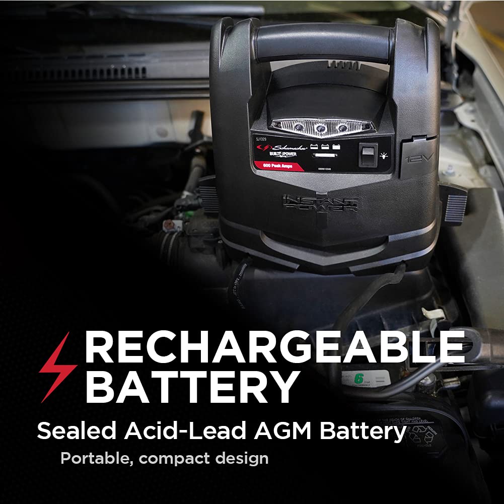 Schumacher Sj1329 Jump Starter And Portable Power Port - 600 Peak Amp, 12V - For Power Sports, Motorcycles, 4-6 Cylinder Cars, Black