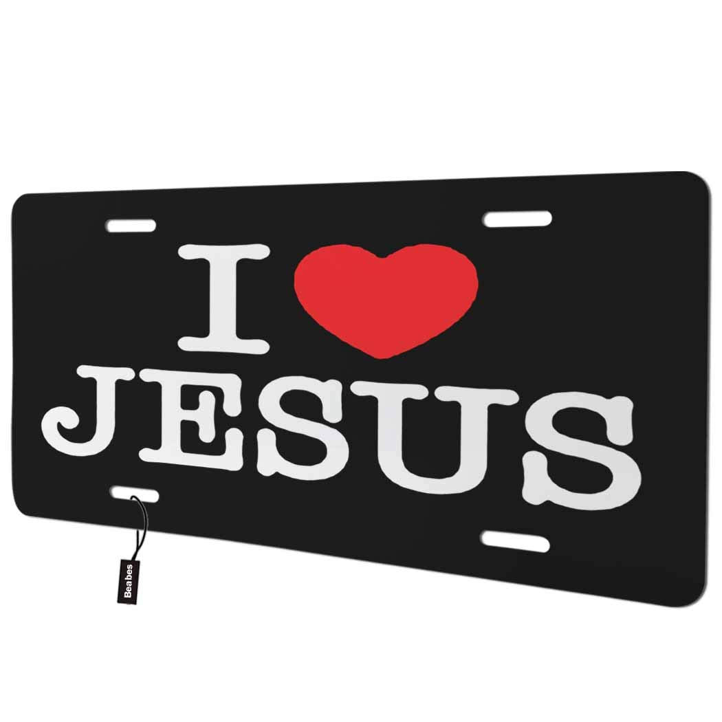 Beabes I Love Jesus Front License Plate,Christian Bible Verse Inspirational Quote With Red Heart White Red Black Decorative License Plates For Car,Novelty Auto Car Tag Vanity Plates 6X12 Inch
