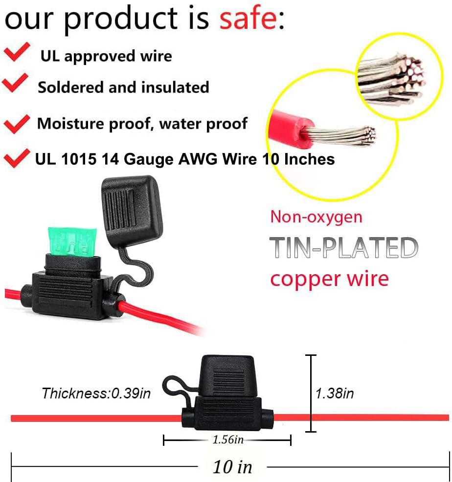 VANTRONIK Waterproof Inline Fuse Holder 6 Pack for Standard Car Fuse, 14 Gauge AWG Wire UL1015,10 Inches Long, Fit for ATO ATC M