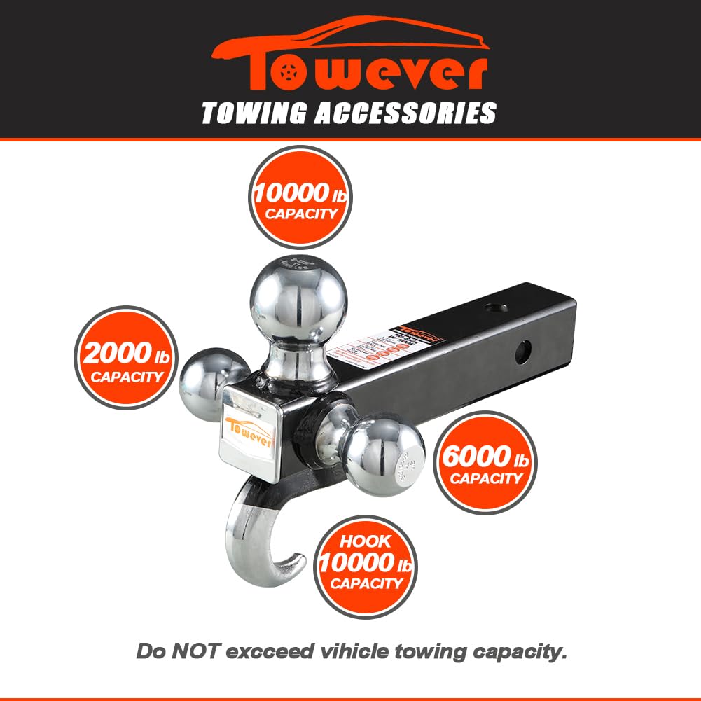Towever 84180 Towever Trailer Hitch Tri Ball Mount With Hook, 3 Ball Hitch Fit For Towing Hitch 2 Inch Receiver (Hollow Shank Tow Hitch, Black&Chrome) Towever