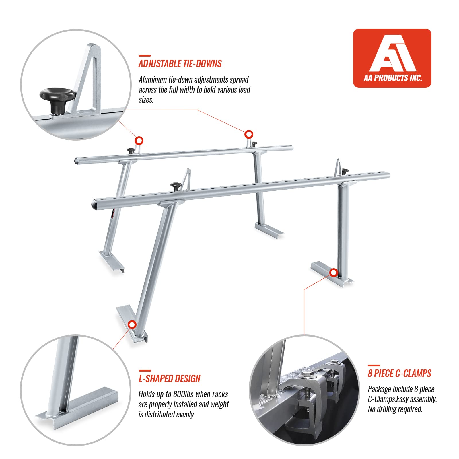 Aa-Racks Model Apx25 Extendable Aluminum Pick-Up Truck Ladder Rack (No Drilling Required) - Silver