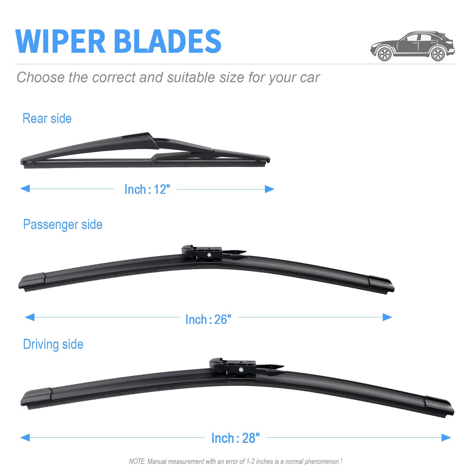 Gavimnal 28''+26''+12'' Silicone Wiper Blades Replacement For Ford C-Max 2013-2018,All-Season Front Rear Windshield Wiper Blades