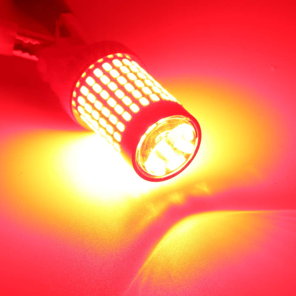 Syneticusa 7440 7443 Red LED Strobe Brake Lights Bulbs Super Bright W21W T20 Wedge High Power 3014 SMD 12V Flashing Strobe Stop Lights Replacement for Cars, Truck