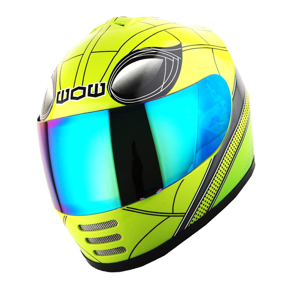 Wow Youth Motorcycle Full Face Helmet Street Bike Bmx Mx Kids Spider Green + Mx Skeleton Glove Bundle