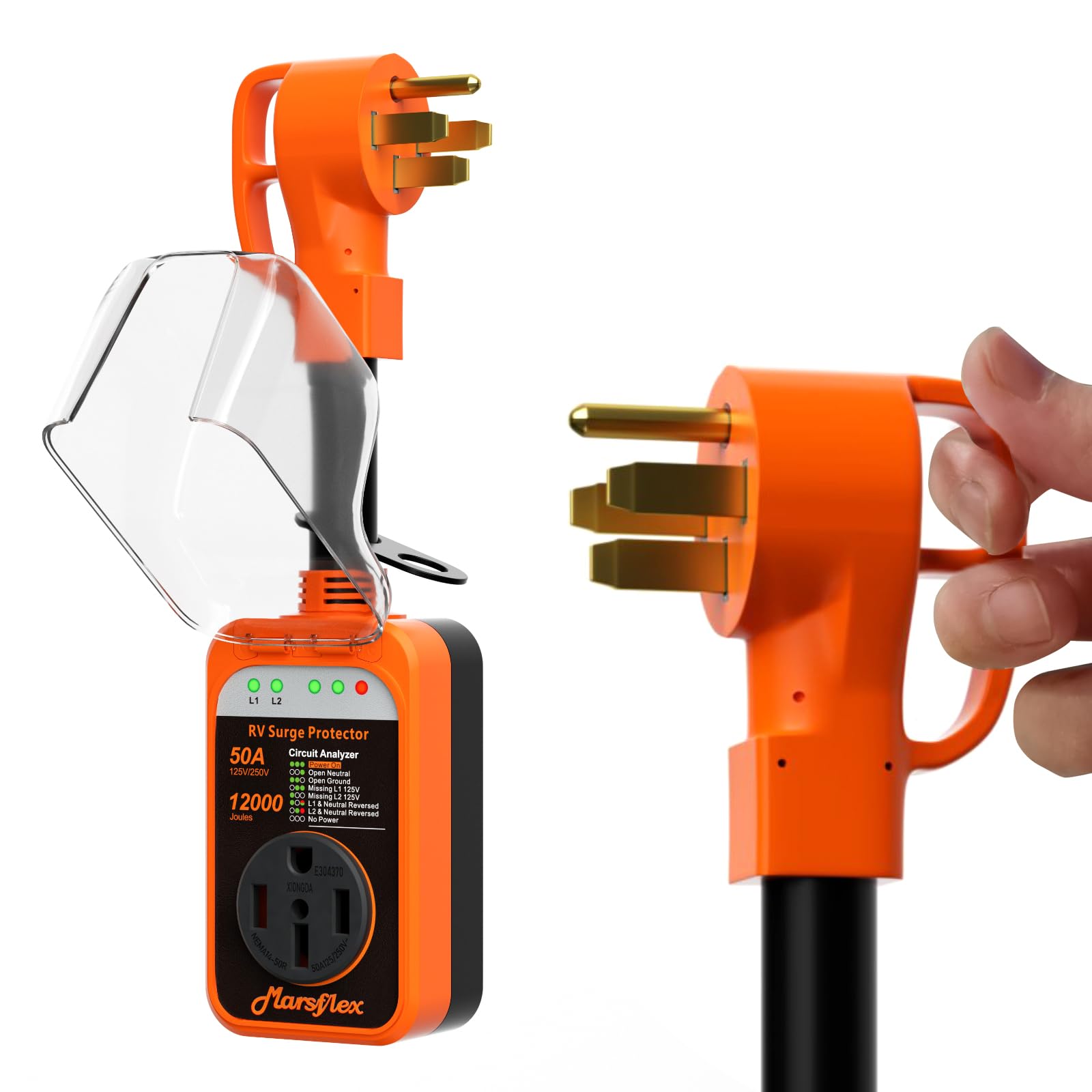 Marsflex Rv Surge Protector, 50Amp Rv Circuit Analyzer, 12000 Joules Surge Guard Protection With Waterproof Cover, Led Display,