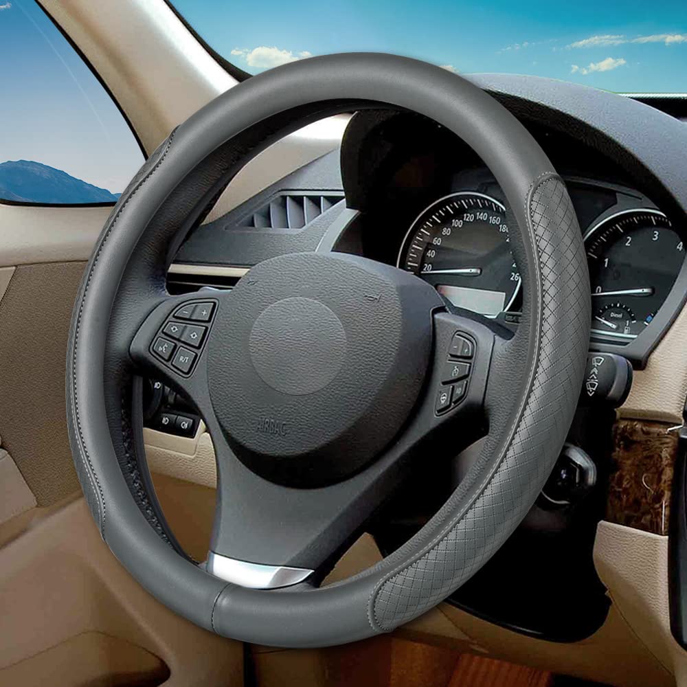 Vargtr Steering Wheel Cover, Microfiber Leather Steering Wheel Cover With Classic Embossing,Anti-Slip Breathable Auto Car Steering Wheel Cover Fit 15 Inch Car Wheel Protector (Gray)