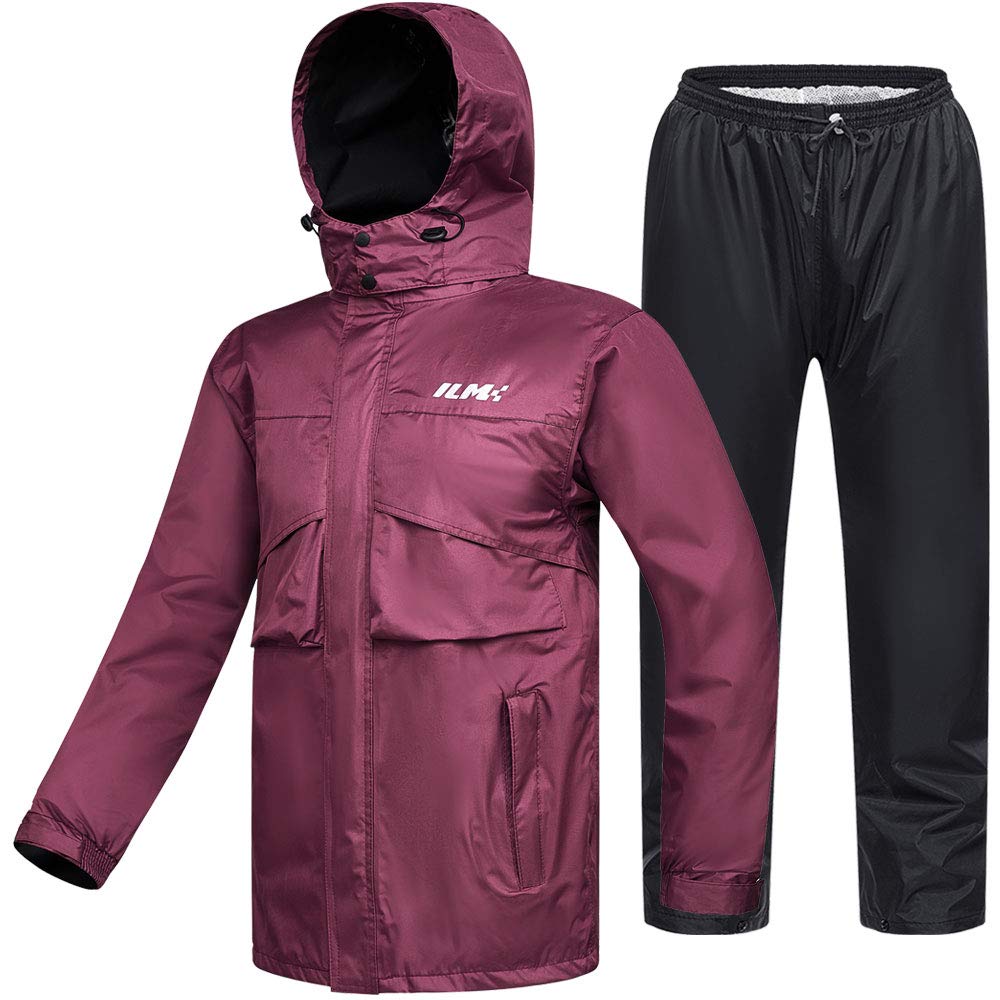 Ilm Motorcycle Rain Suit For Women Waterproof Wear Resistant Protective Rain Gear 6 Pockets 2 Piece Set With Jacket And Pants Model Rs02-Women (Large, Wine Red)
