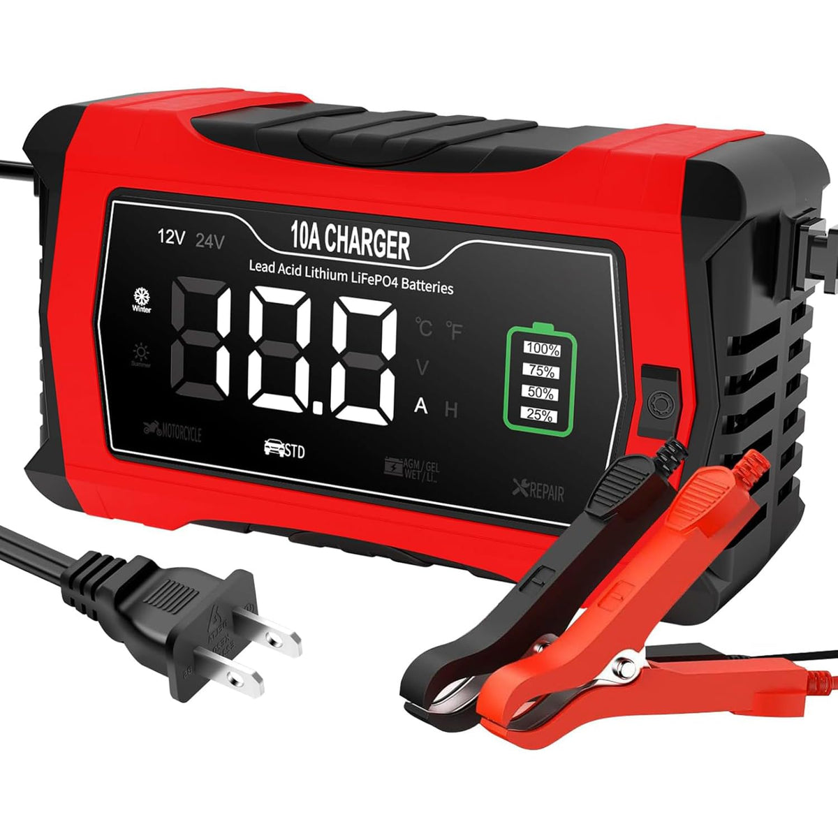 Yhchkj Car Battery Charger, 12V 10A And 24V Fully-Automatic Trickle Charger Desulfator, Smart Lcd Battery Maintainer W/Temperature Compensation For Car,Truck,Motorcycle,Lawn Mower,Lead Acid Batteries