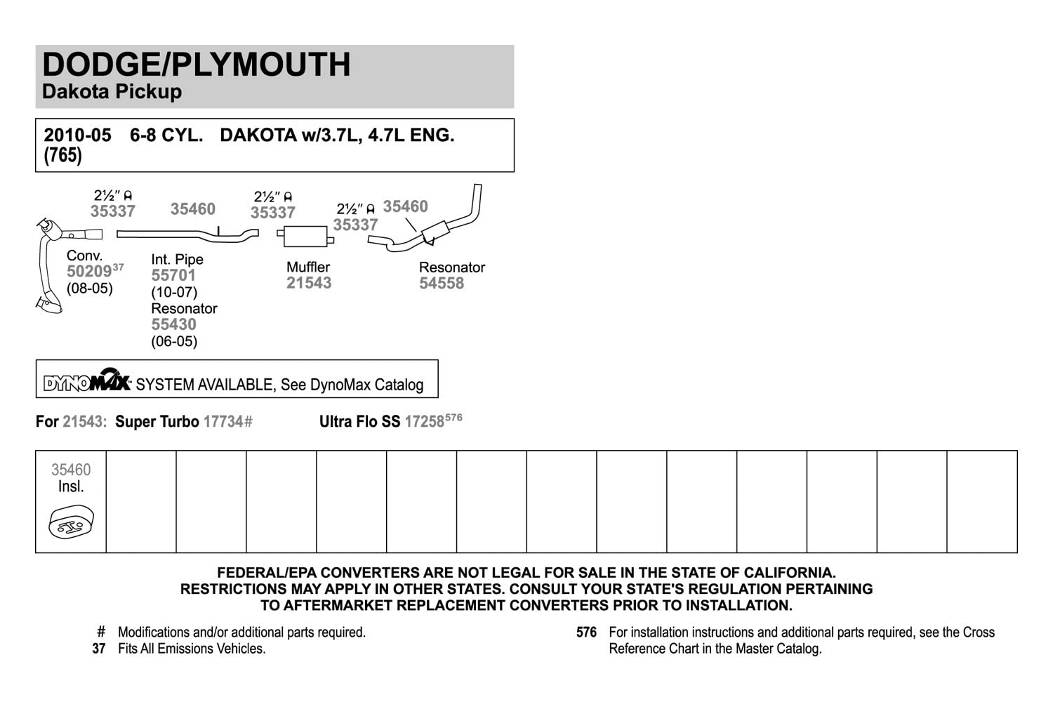 Walker 54558 Direct Fit Exhaust Resonator And Pipe Assembly 2.5 Inlet (Od) 2.5 Outlet (Od) For Dodge Dakota