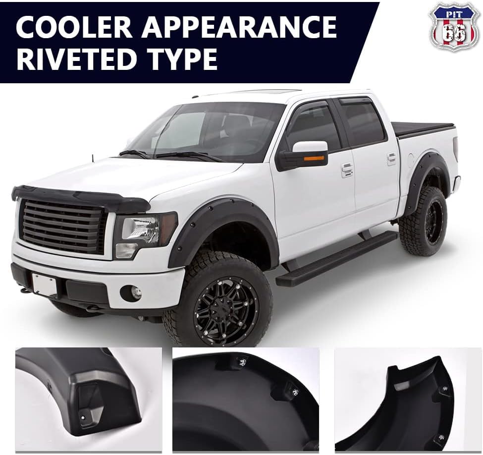 Pit66 Fender Flares, Compatible With 2009-2014 Ford F150 Styleside(Not For Platinum And Raptor Models), Wheel Flares Set Paintable Riveted Smooth Matte Black Pocket Style, 4 Pcs