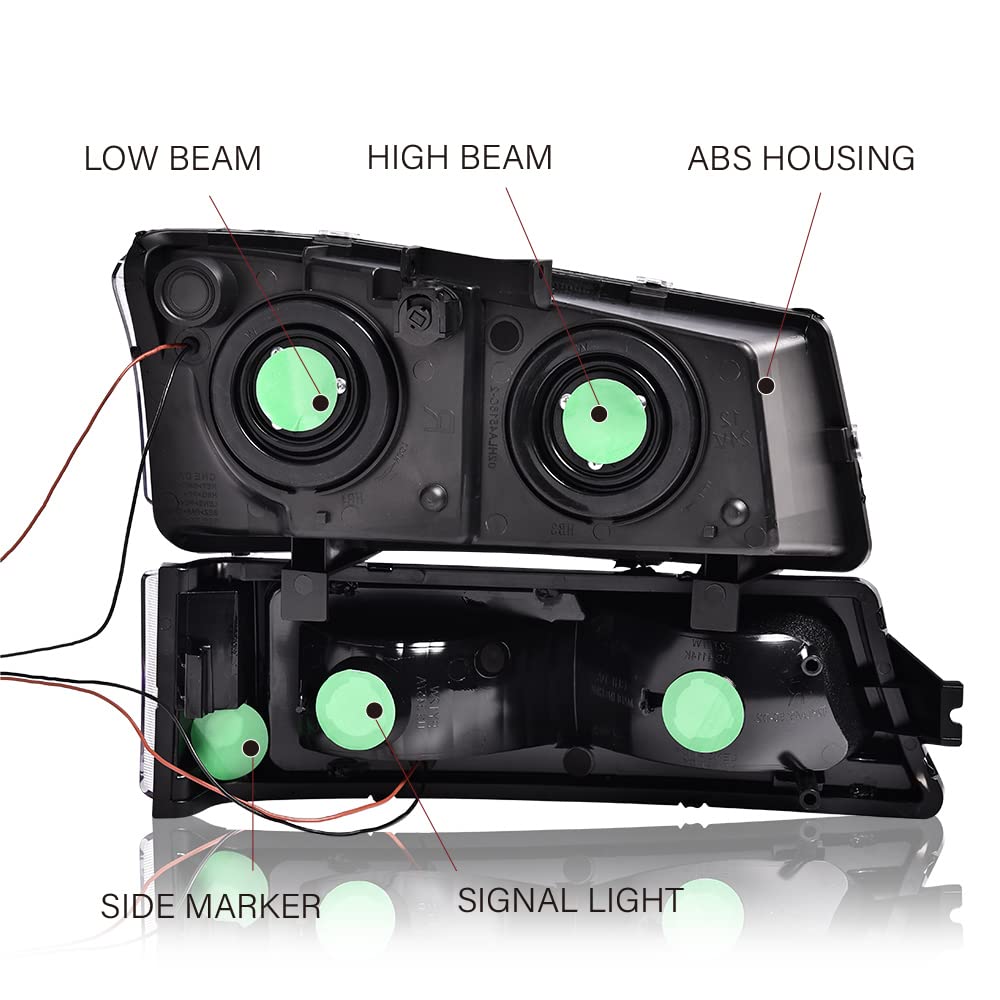 Cheda Headlights Assembly, Compatible With 2003-2007 Chevy Silverado Avalanche, Smoky Lens Black Housing Amber Reflector Led Drl