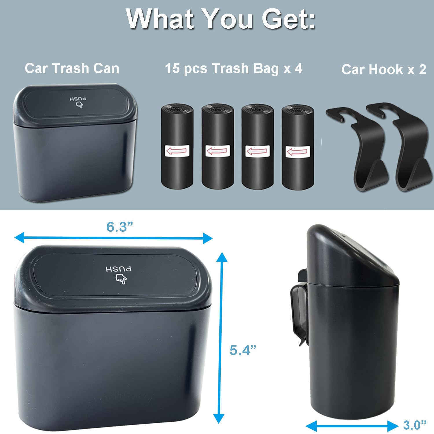 Kitbest Car Trash Can Bin With Lid, 60 Pcs Trash Bags And 2 Pcs Car Hooks. Mini Car Garbage Can, Dustbin Can Organizer Storage F