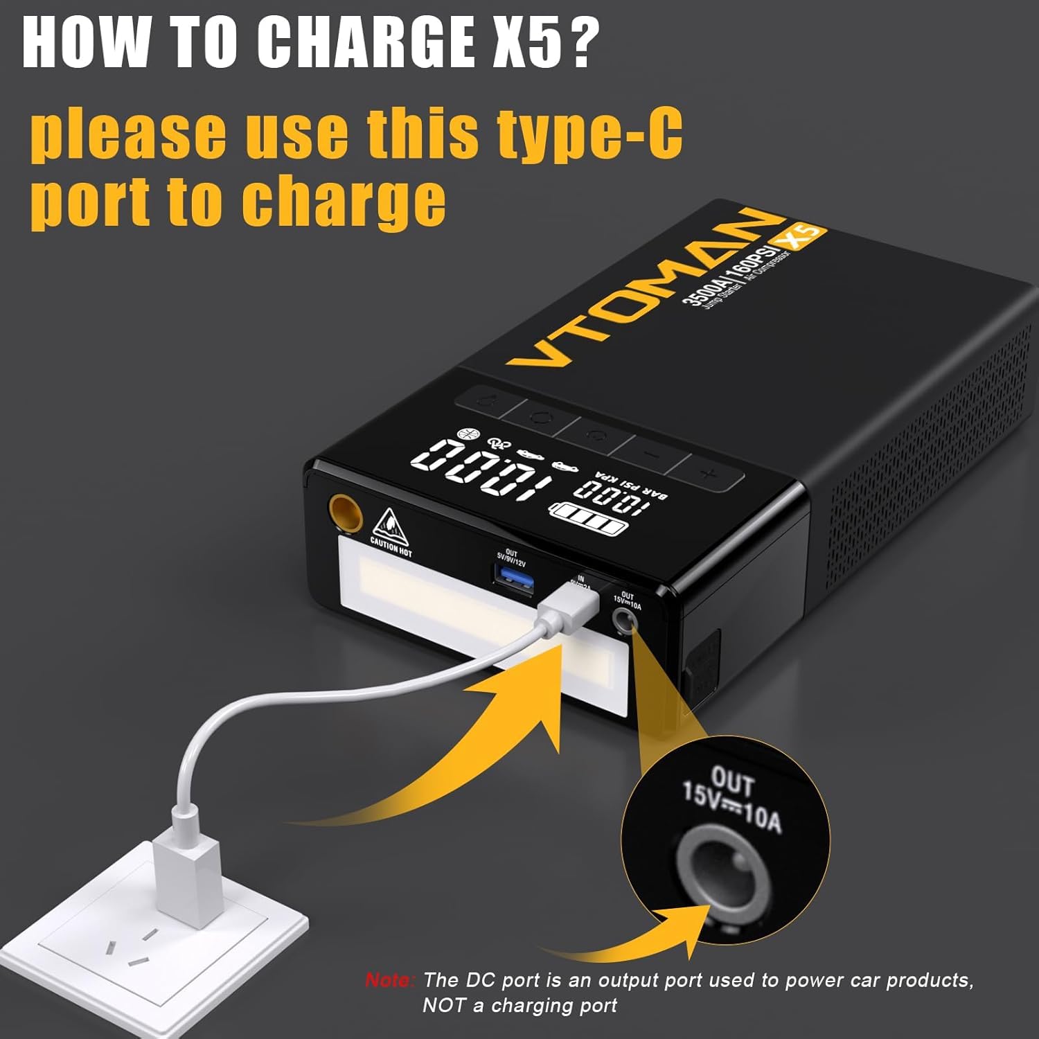 Vtoman X5 Jump Starter With Air Compressor, 3500A Portable Car Battery Booster (Up To 9L Gas/8L Diesel Engines) With 160Psi Digi