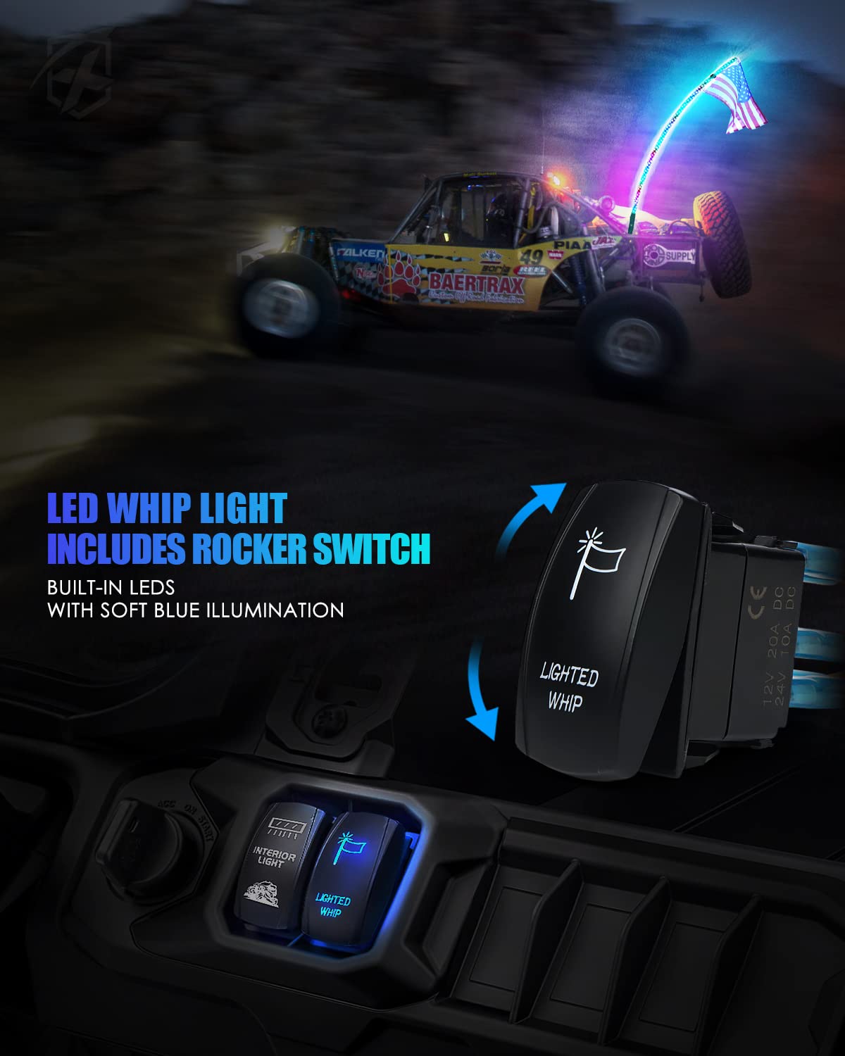 Xprite 5Ft Spiral Led Whip Lights W/Rocker Switch & Remote Control, Safety Dream-Color Dancing Chase Lighted W/America Flag For